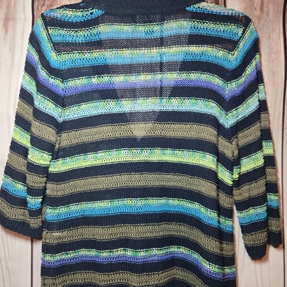 Monterey Bay Navy Green & Brown Striped Short Sleeve Cardigan Size Medium - Picture 6 of 8